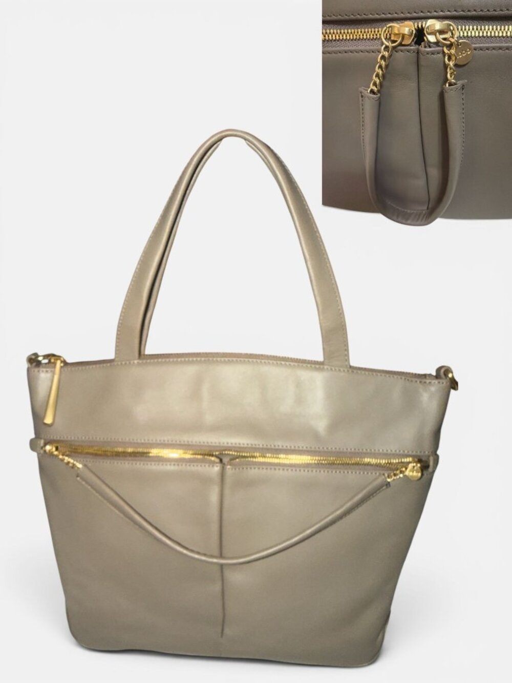 HOBO Double Zip Satchel Taupe Matte Leather Brass Shoulder Bag Detachable Strap - Picture 7 of 12